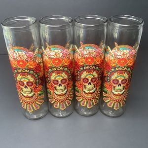 4 New Avion Tequila 8" Tall Glasses "Day of the Dead" Art DIA DE LOS MUERTOS
